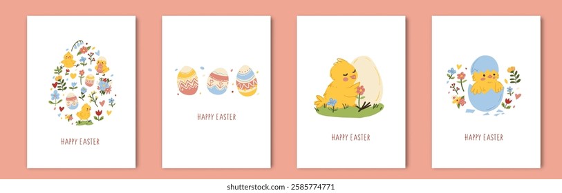 A set of four hand-drawn Easter greeting cards featuring decorated eggs, baby chicks, and floral elements in pastel colors, perfect for celebrations.