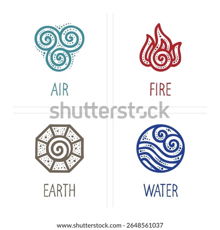 Set of four hand-drawn elemental icons: air, fire, earth, and water. Stylized minimal vector symbols with spiral motifs, perfect for esoteric themes, nature design, spirituality, or tattoo ideas.