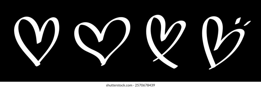 Set of four hand-drawn heart icons on a black background. Each heart is unique, showcasing different styles. Heart icons perfect for design projects. Valentine's element vector set.