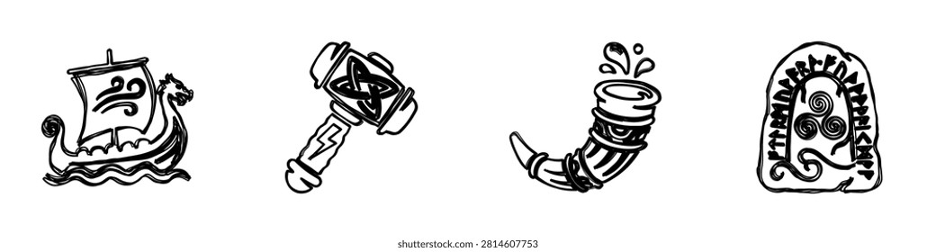 A set of four hand-drawn icons representing Viking culture, featuring a ship, Thor's hammer, a drinking horn, and a carved stone