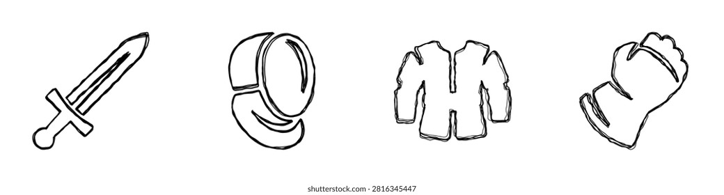 A set of four hand-drawn icons representing a sword, shield, tunic, and gauntlet, perfect for game design or historical themes