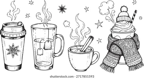 Un conjunto de cuatro ilustraciones dibujadas a mano de bebidas calientes que incluyen una taza de viaje, té, café y una bebida festiva de invierno, rodeada de copos de nieve.