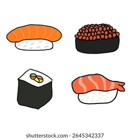 A set of four hand-drawn Japanese sushi types including nigiri, gunkan, and maki. Cute and simple cartoon style vector perfect for food-related designs.