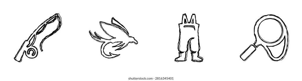 A set of four hand-drawn outline icons depicting a fishing rod, a fly lure, waders, and a landing net for angling activities
