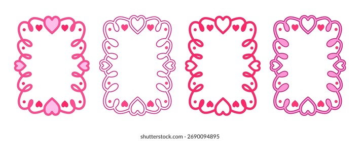 Conjunto de cuatro marcos de corazón de doodle rosa dibujado a mano, lindas fronteras de amor para la decoración, Día de San Valentín, invitaciones de boda y tarjetas de felicitación.