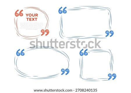Set of four hand-drawn quote boxes with red and blue sketchy outlines. Includes circular, rectangular, oval, and square frames with quotation marks for text or testimonials.