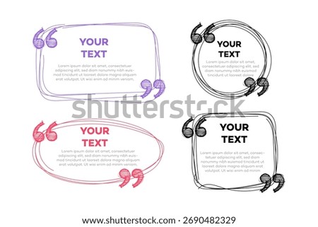 Set of four hand-drawn quote frames with speech marks and editable text areas. Ideal for creative presentations, social media, or branding projects.