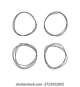 Satz von vier handgezeichneten Ritzeln in einem abstrakten, minimalistischen Stil. Schmutzige runde Linien sind perfekt für modernes Grafikdesign, Präsentationen und Social-Media-Beiträge. Vektorgrafik