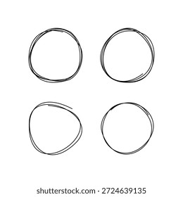 Satz von vier handgezeichneten Ritzeln in einem abstrakten, minimalistischen Stil. Schmutzige runde Linien sind perfekt für modernes Grafikdesign, Präsentationen und Social-Media-Beiträge. Vektorgrafik