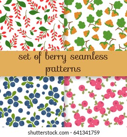 Set of four hand-drawn seamless colored berry patterns. Vector seamless patterns of cloudberry, barberry, blueberry, cranberry on white background.