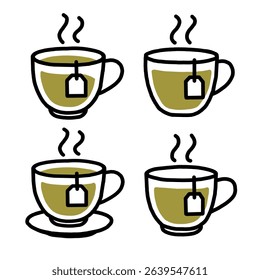 Set of four hand-drawn tea cup icons with teabags and steam, perfect for menu design, tea packaging or café logo.