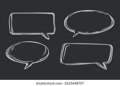 Set of four hand-drawn white speech bubbles with sketchy outlines on dark background in comic style