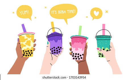 Set of four hands holding colorful bubble tea cups. Sweet boba tea, a popular Taiwanese drink, with speech bubbles above. Elements are isolated.