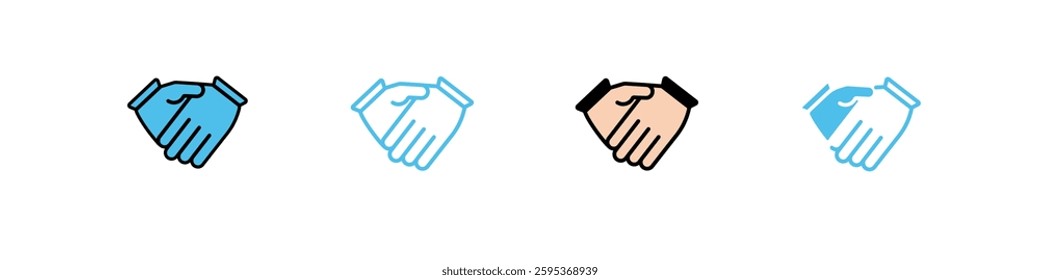 Set of four handshake icons in different colors and styles. each icon represents agreement and unity.