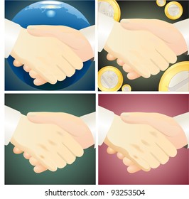 Set of four handshakes against different background