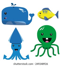 a set of four happy animals on a white background
