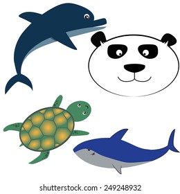 a set of four happy animals on a white background