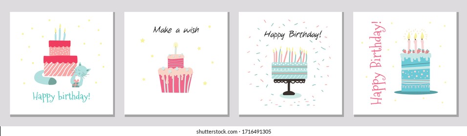 Set of four happy birthday greeting cards. Holiday cream cake with burning candles. Hand drawn doodle style vector illustration