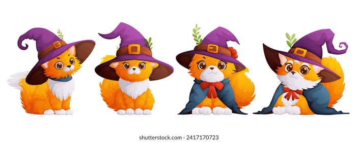 A set of four happy and cute cats with a purple witch hat on their head. Halloween theme, kitten in a magician's hat and mantle. Cartoon style