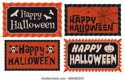 Conjunto de cuatro banderas tipográficas de Happy Halloween en naranja y negro enmarcadas con un borde de rosette