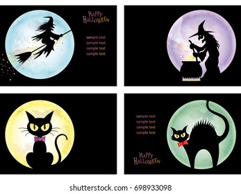 A set of four Happy Halloween vector illustrations with witches and black cats.