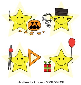 Set of four happy Illustrated cartoon stars - with pumpkin, triangle, compass,gift and ballon and as chimney sweeper