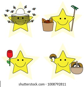 Set of four happy Illustrated cartoon stars as beekeeper, with rake and leaves, rose and mushrooms