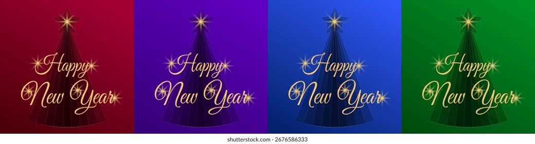 Conjunto de quatro cartões de felicitações Feliz Ano Novo em roxo, vermelho, azul e verde cores. Planos de fundo gradientes com texto brilhante, destaques cintilantes e padrão geométrico de árvore de Natal semitransparente.