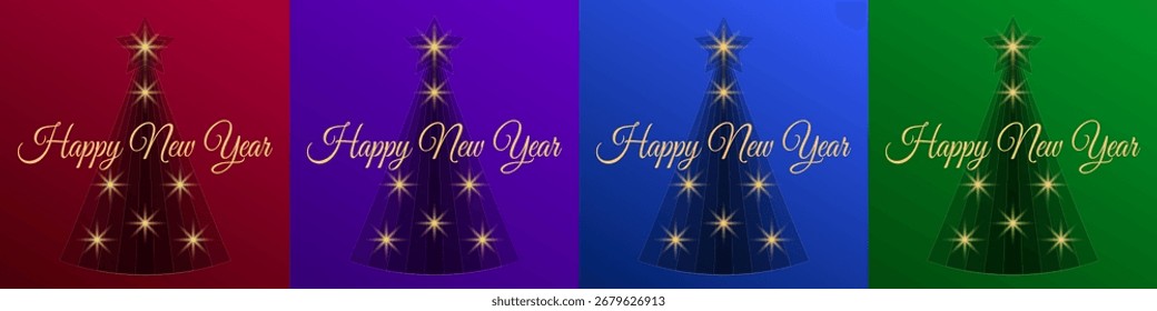 Conjunto de cuatro tarjetas de felicitación Feliz Año Nuevo en colores púrpura, rojo, azul y verde. Fondos degradados con texto brillante, reflejos brillantes y patrón geométrico semitransparente del árbol de Navidad.