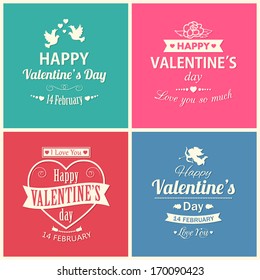 Set of four happy Valentine's day  typographical retro holiday cards with doves, flower, heart and cupid. This vector illustration can be used as greeting card or wedding invitation for your design.