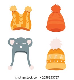 Set of four hats. Vector illustration. Cartoon. Winter