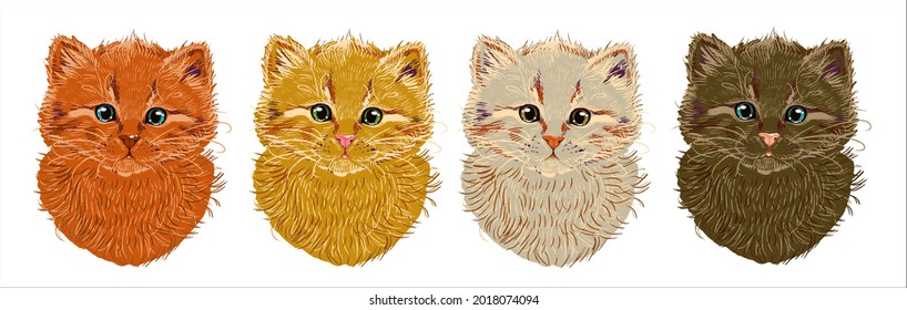 A set of four heads of cute kittens. Illustration in the retro grunge style.