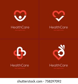 Set Of Four Health Care Icons With Heart Shape On Red Background. Cardiology Center, Medical Clinic Abstract Logo.