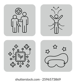 Set of four health-related icons of different aspects of wellness. Caregiving, body movement, holistic health, and relaxation techniques. Overall health concept