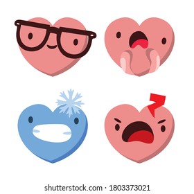 Set of four heart shaped emoticons. Vector emoji heads in the shape of hearts with different emotions on the face. Icons isolated on white background
