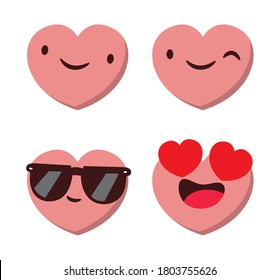 Set of four heart shaped emoticons. Vector emoji heads in the shape of hearts with different emotions on the face. Icons isolated on white background