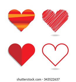 Set of four heart symbols in different style.