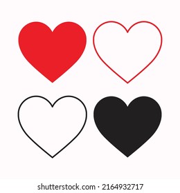 Set of Four Heart Vector Illustrations in Solid Red, Red Outline, Solid Black, and Black Outline Styles for Valentine's Day, Love Concepts, and Graphic Elements