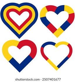 Set of four hearts in the colors of the Romanian flag, graphic element