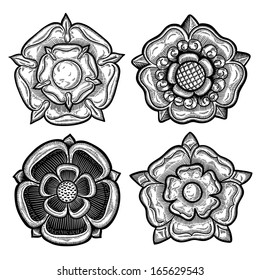 Set of four heraldic roses. Vintage decorative elements. Isolated objects.