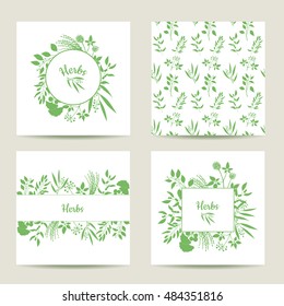 Set of four herbal card templates. Square cards vector illustration. Green round and square frame with collection of plants. Silhouette of branches isolated on white background