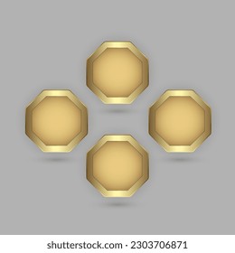 Conjunto de cuatro botones hexagonales en forma de placa 3d con ilustración vectorial de marco dorado