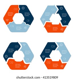 Set of four hexagonal connected infographic diagrams. Circular charts with 3 options. Paper progress steps for tutorial with 3 parts. Isolated business concept sequence banner. EPS10 workflow layouts.
