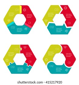 Set of four hexagonal connected infographic diagrams. Circular charts with 3 options. Paper progress steps for tutorial with 3 parts. Isolated business concept sequence banner. EPS10 workflow layouts.
