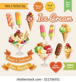 Set of four high detailed food posters elements. Ice cream poster. Cool typography elements. Useful for cafe or bistro or restaurant advertisement  or banner. 