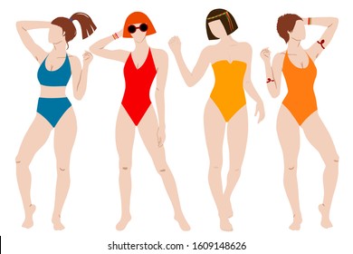 Set of four Hippie girls in a swimsuit isolated on white background. Subculture. Cartoon. Hand-Drawn Flat Vector illustration.