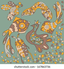 Set of four holiday cards about love. Vector backgrounds with pale  shades. fashion girl and fruits with flowers and patterns. Concept romantic card with heart made of cute cartoon birds, butterflies