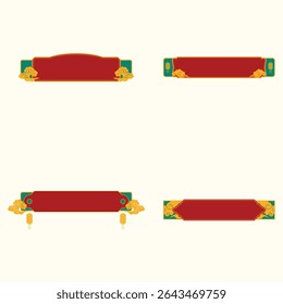 Set of four horizontal banners featuring a traditional Chinese design style. The banners are red with decorative borders, gold accents, and green detailing.  Elements include clouds, and lanterns.