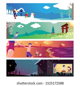 A set of four horizontal banners representing the four seasons in a vibrant flat design style. The collection features winter snow play, spring kite flying near a torii gate, summer beach fun with a family, and a cozy autumn evening inside a cottage. Perfect for seasonal marketing, weather-themed headers, travel blog banners, and educational calendars.