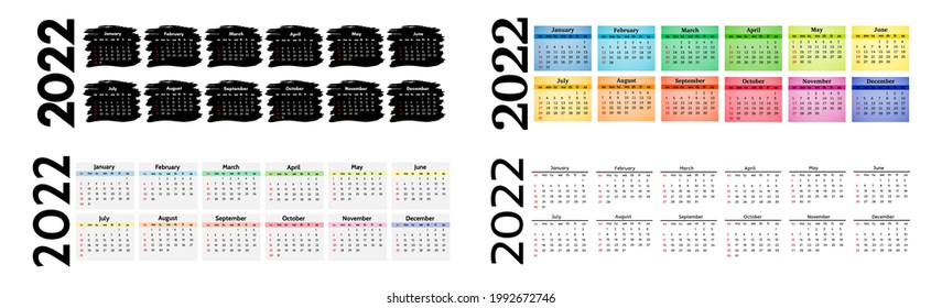 Set of four horizontal calendars for 2022 isolated on a white background. Sunday to Monday, business template. Vector illustration